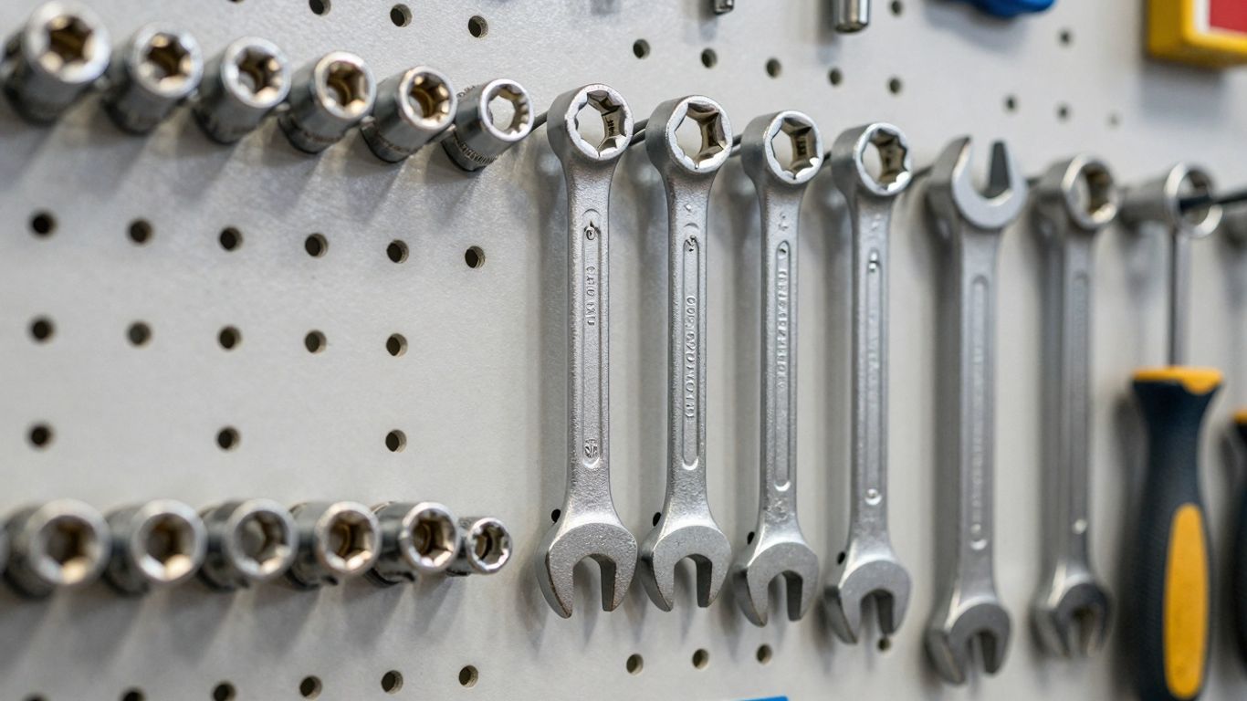 Workshop tools hanging vertically on a pegboard.