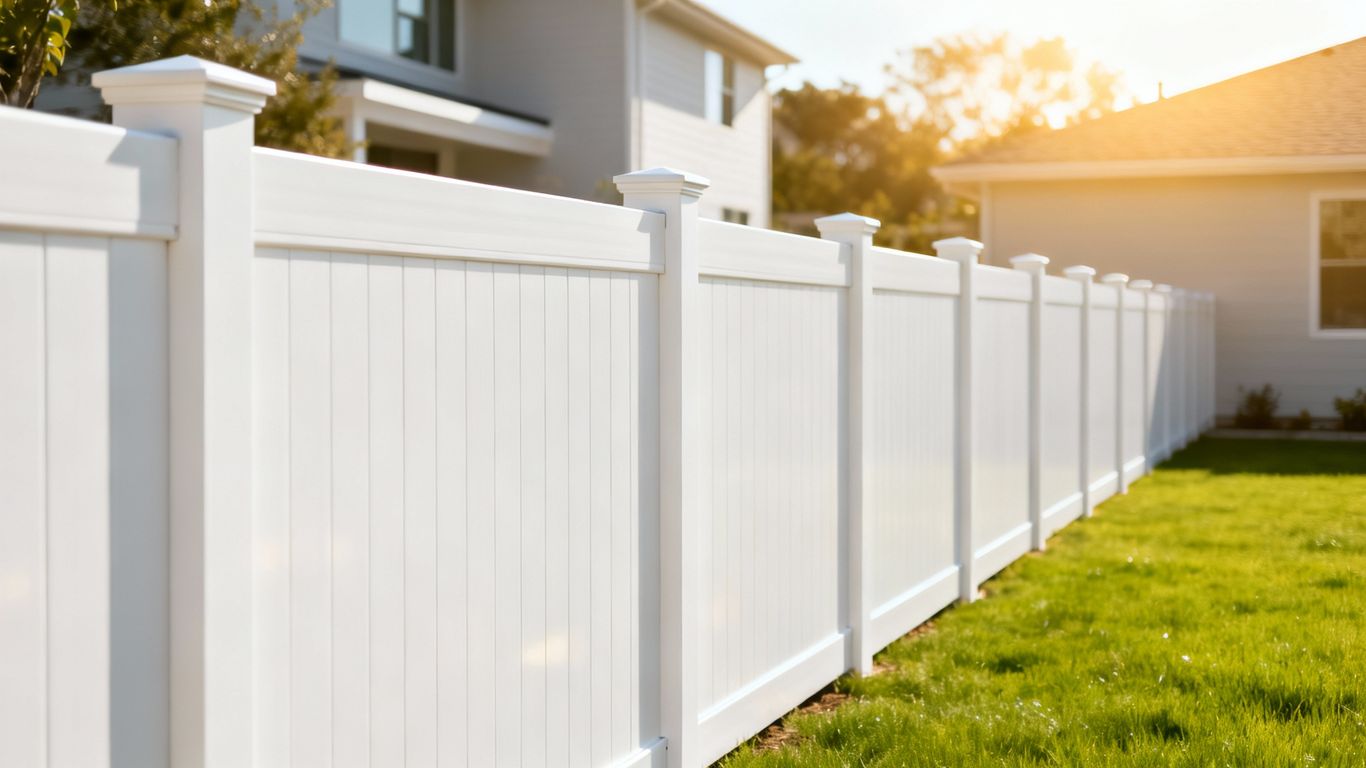 Newly installed white vinyl fence in a suburban backyard.