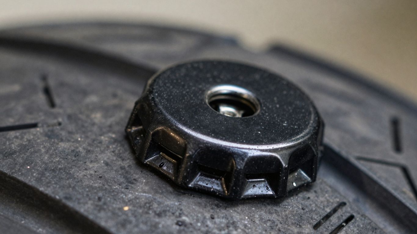 Close-up of a clean, black tire valve cap on a tire.