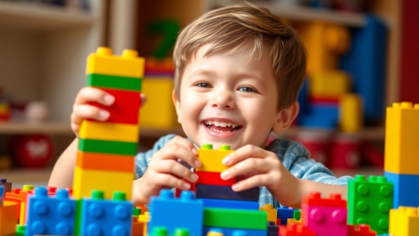 Boy happily playing with colorful Lego Duplo blocks.