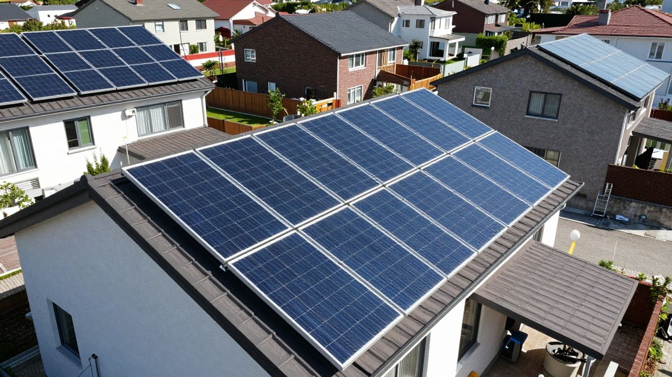 Panouri solare pe acoperișuri rezidențiale sub soare strălucitor.