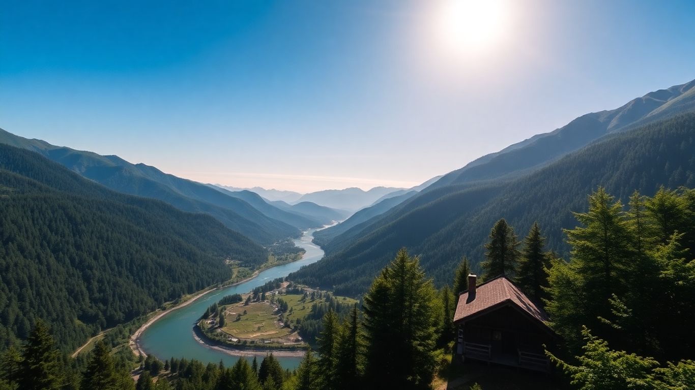 Serene mountain landscape with river and cabin.