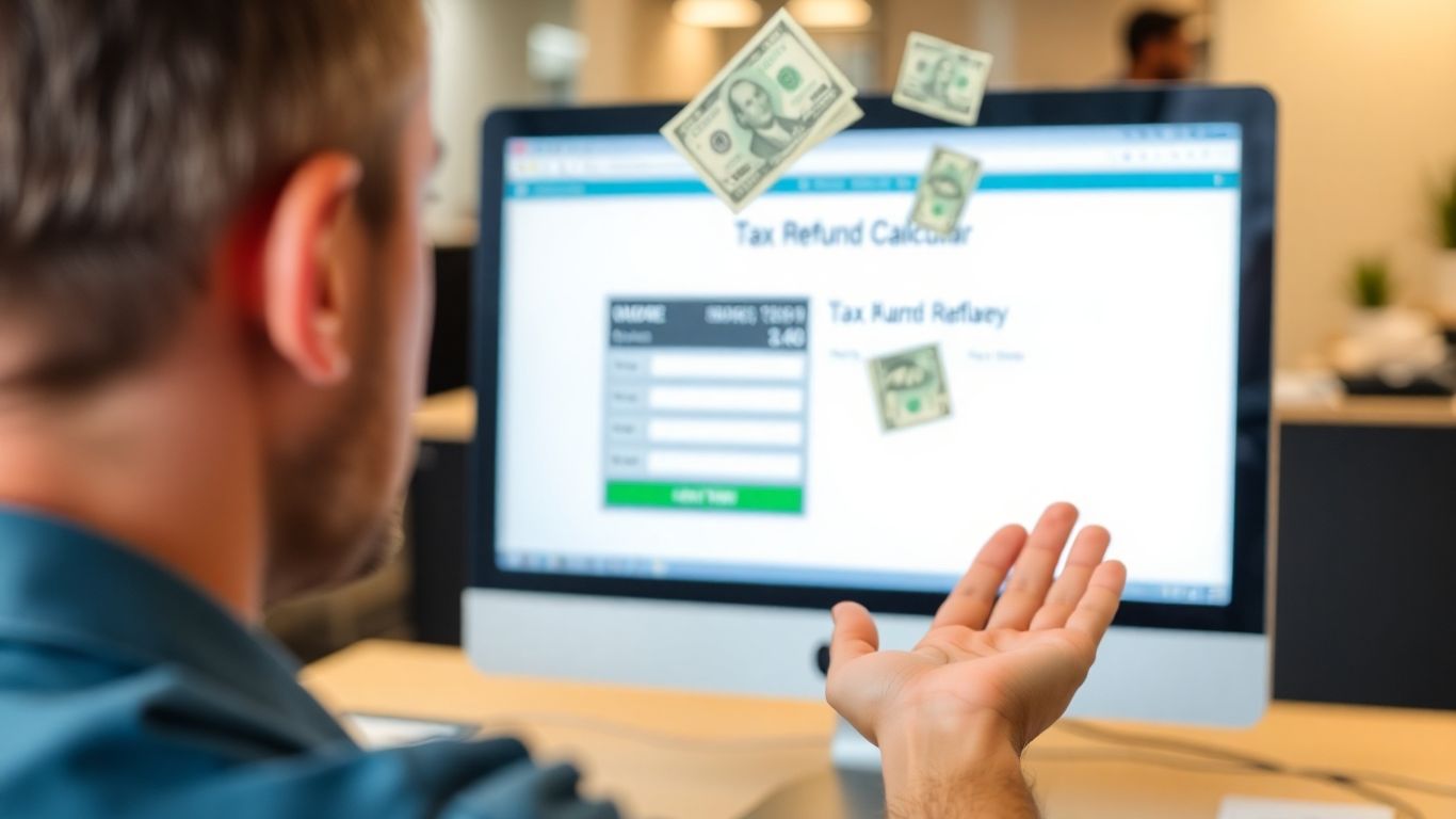 Pessoa calculando reembolso do IRS no computador.