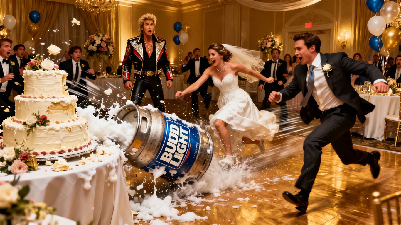 Runaway Bud Light keg crashes wedding reception, causing chaos.