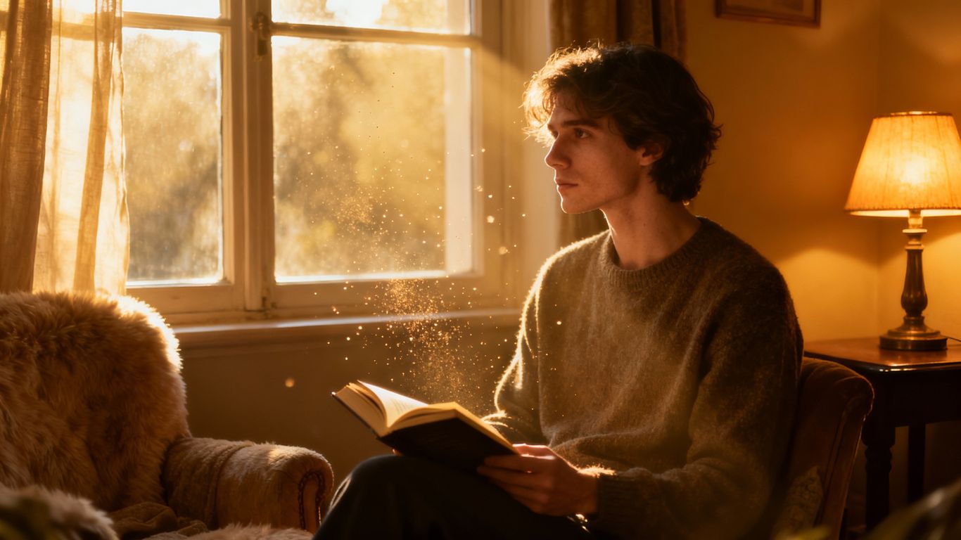 Person reading a book by a sunlit window.