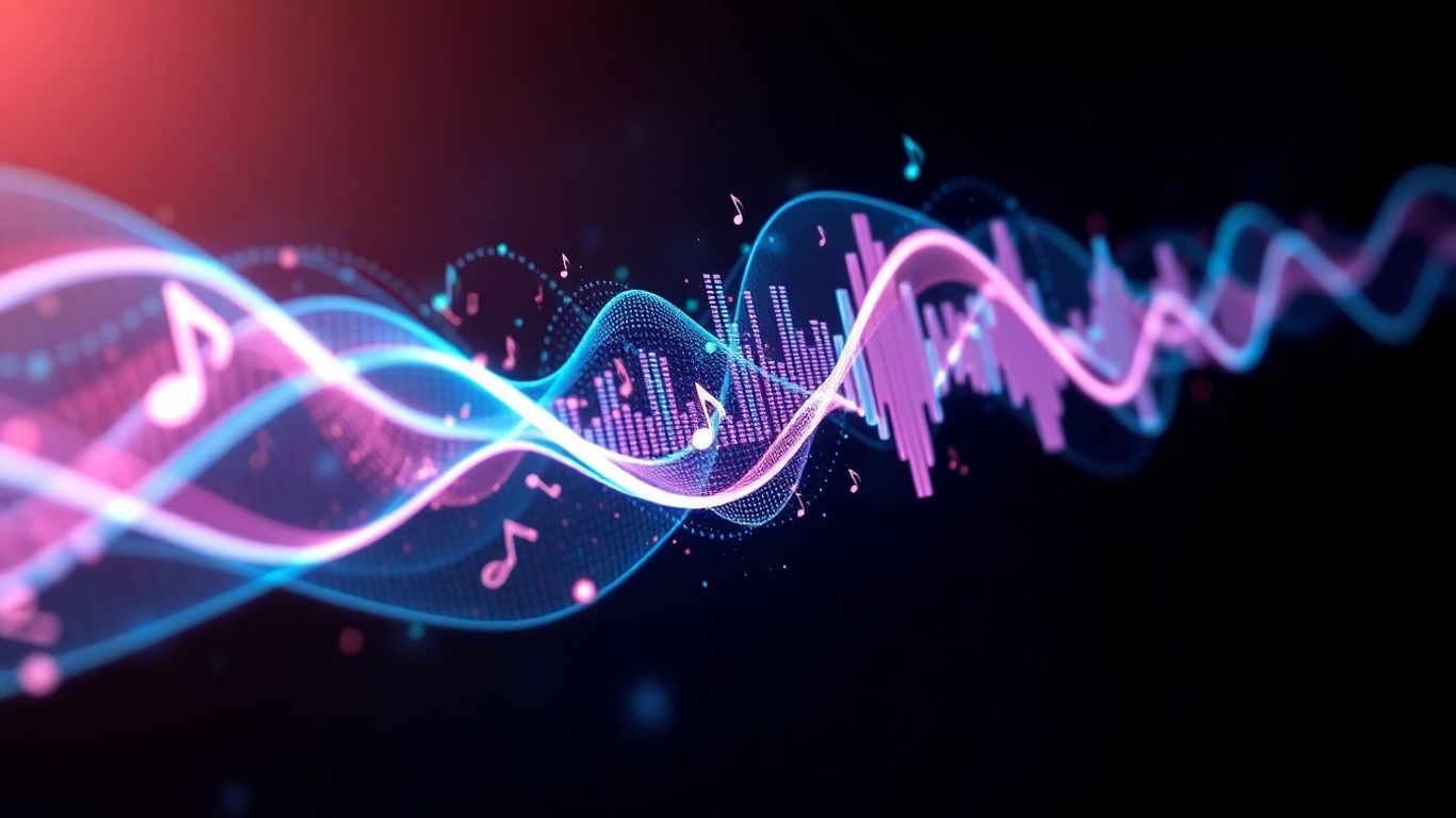 Generative AI music visualization with sound waves and notes.