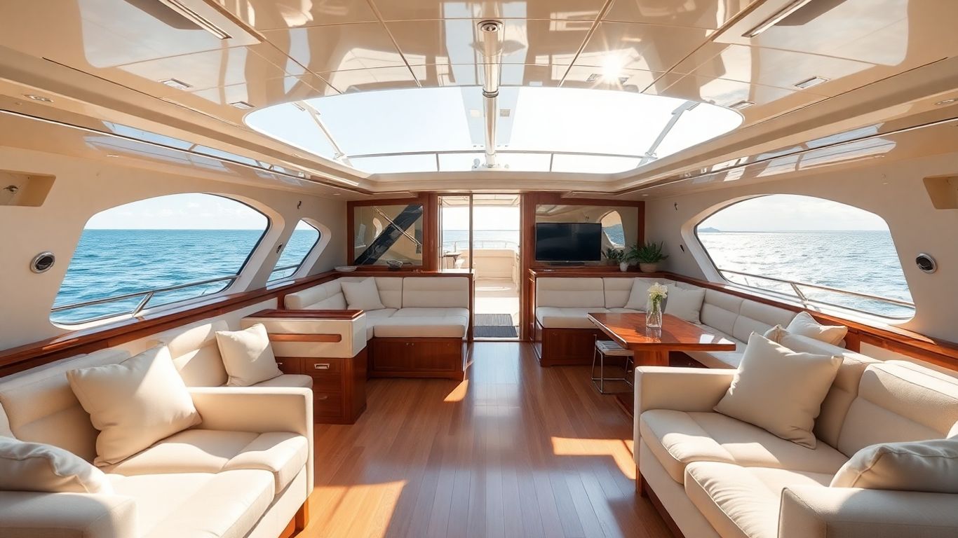 Luxurious yacht interior with ocean view and sunlight.