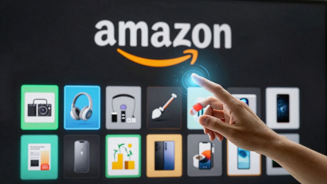 Digital storefront with glowing product listings and hand interaction.