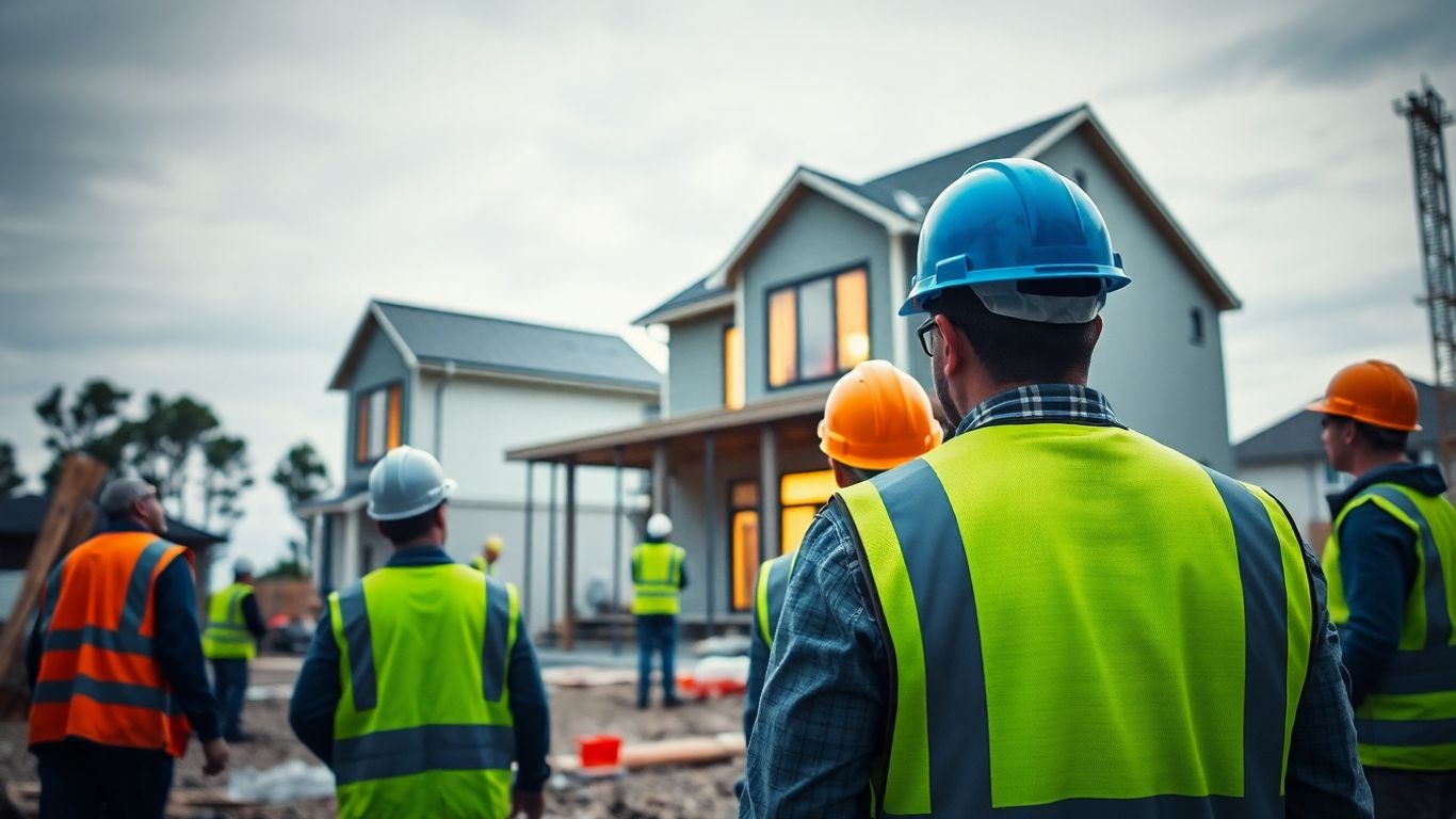 Construction workers building a large residential structure.