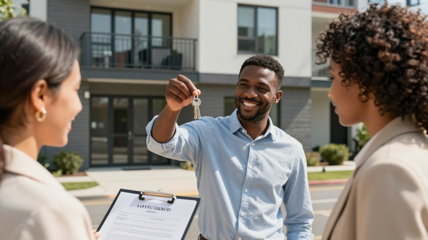 Landlord and tenant with keys and lease agreement.