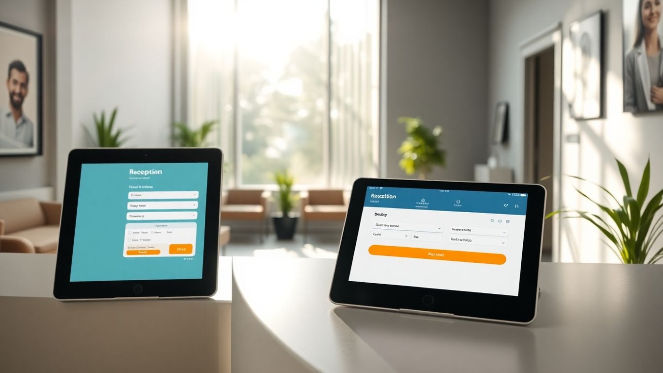 Modern clinic reception with digital booking tablet and sunlight.