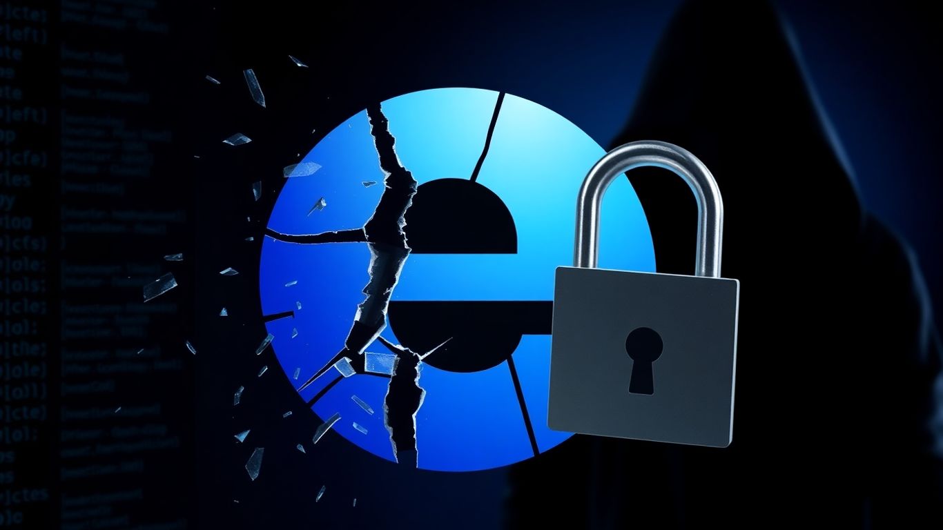 Broken Internet Explorer logo with hacker and padlock.