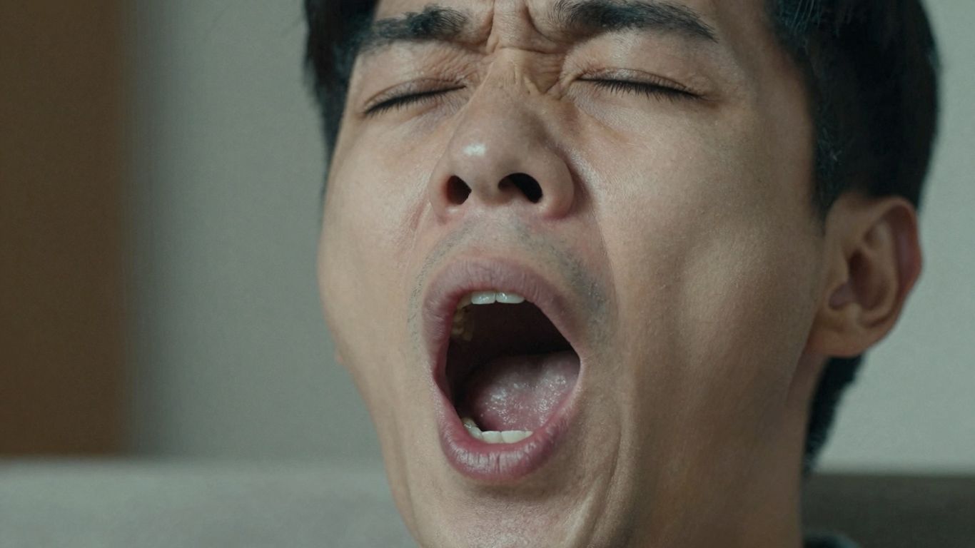 Person yawning with eyes closed and mouth open.