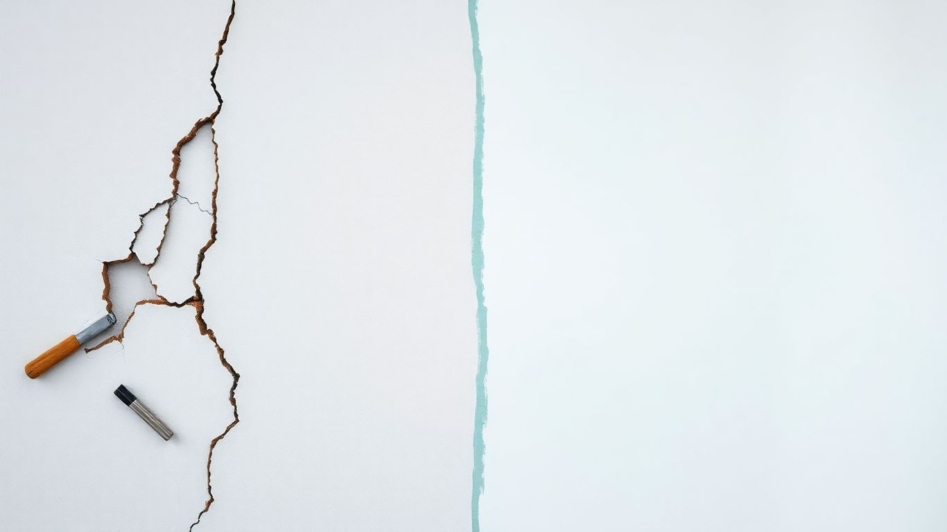 Cracked wall next to a smooth, repaired wall.