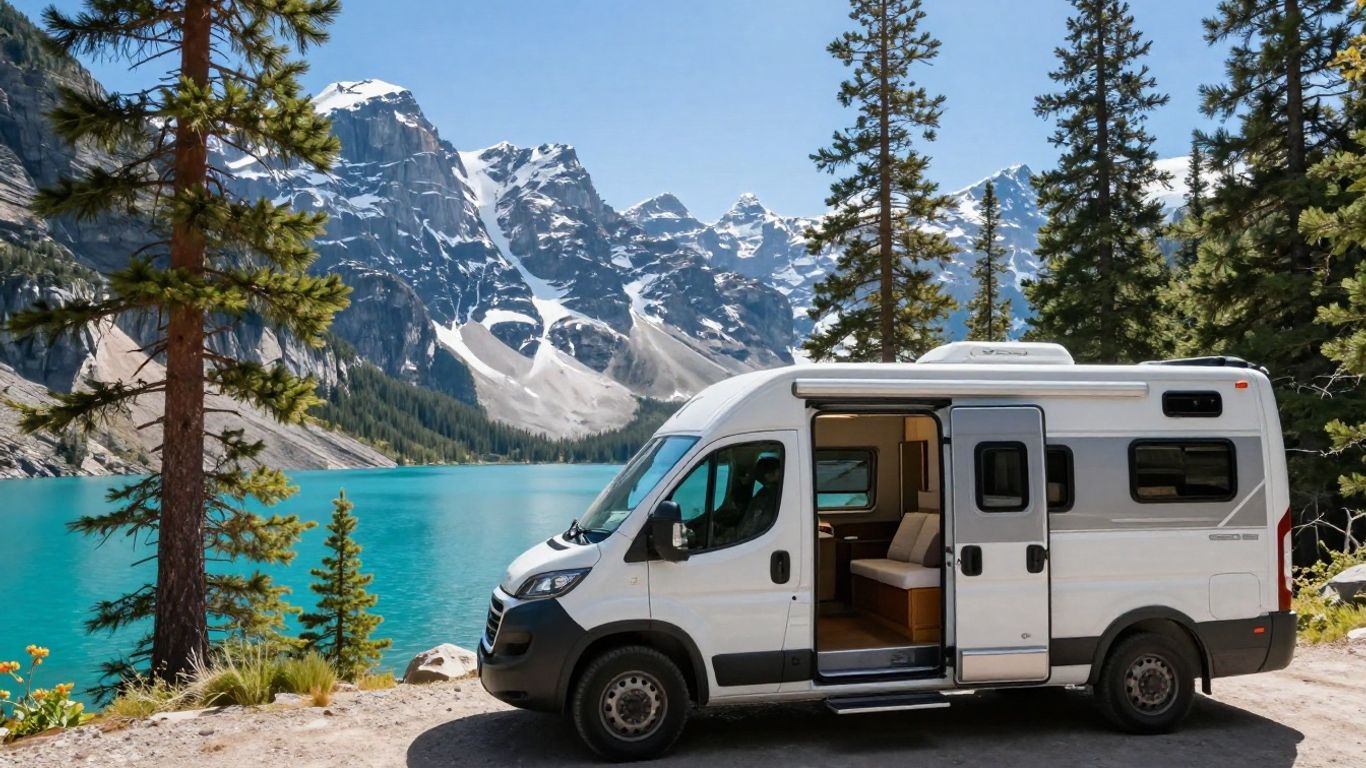 RV parked by a lake with mountains in background.