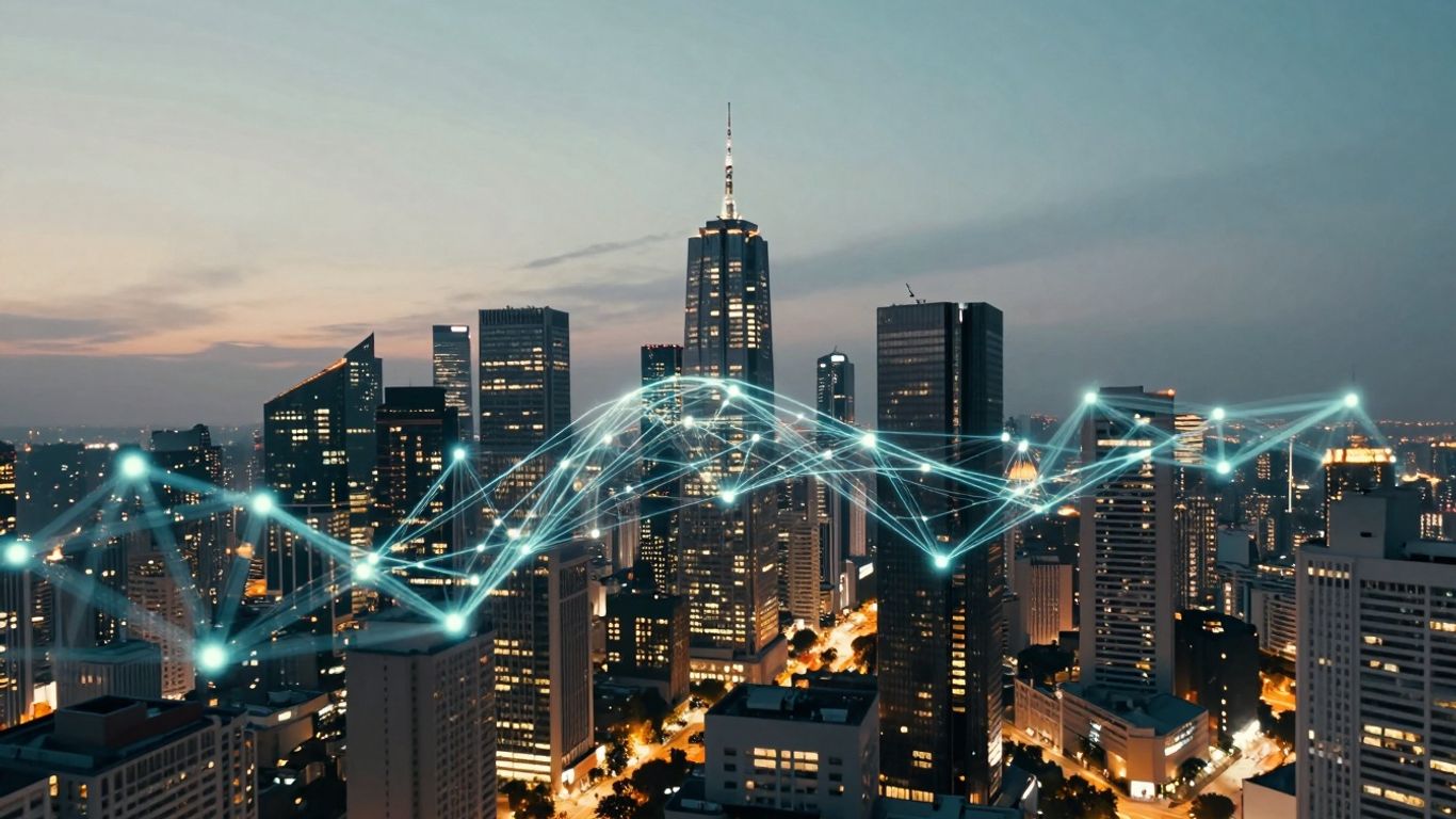 Futuristic cityscape with glowing digital connections and AI light patterns.