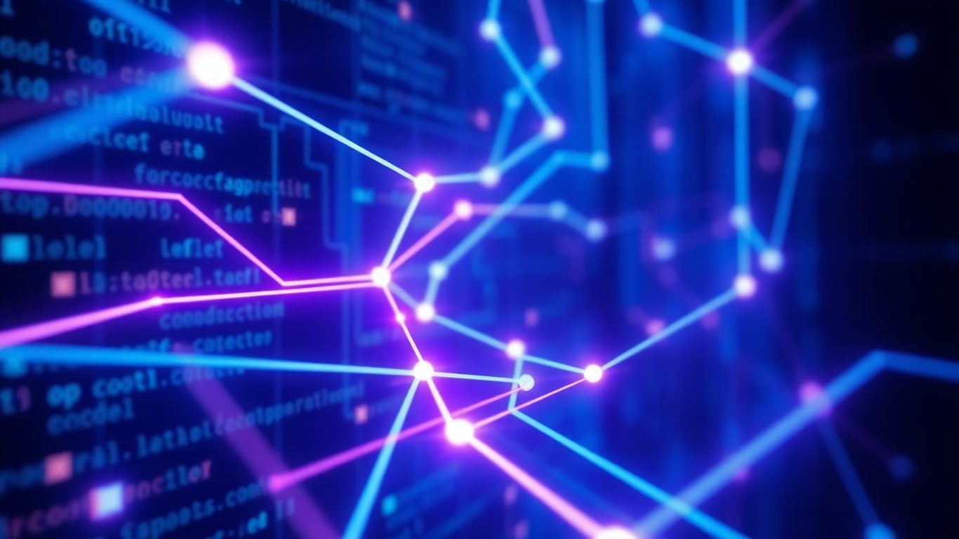 Abstract digital code flowing through pathways.