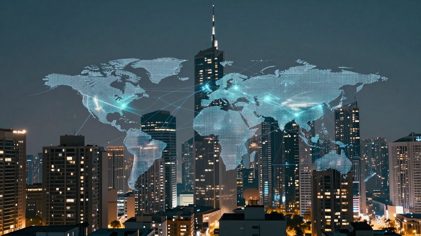 Futuristic cityscape with glowing blockchain network lines connecting skyscrapers.