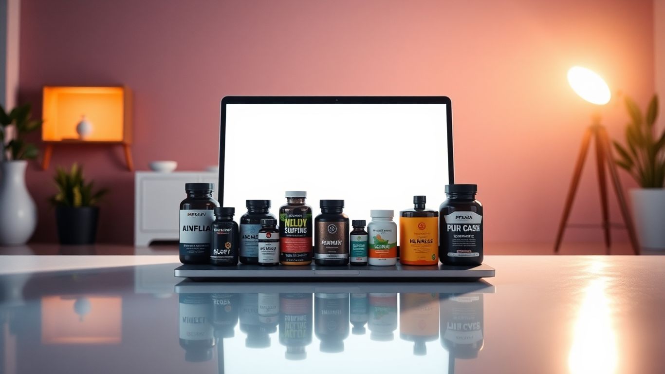 Printify logo with supplement bottles and laptop.