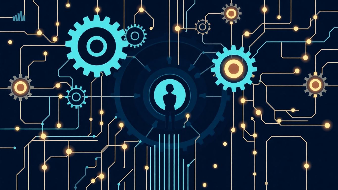 AI automation agency infographic with gears and digital streams.