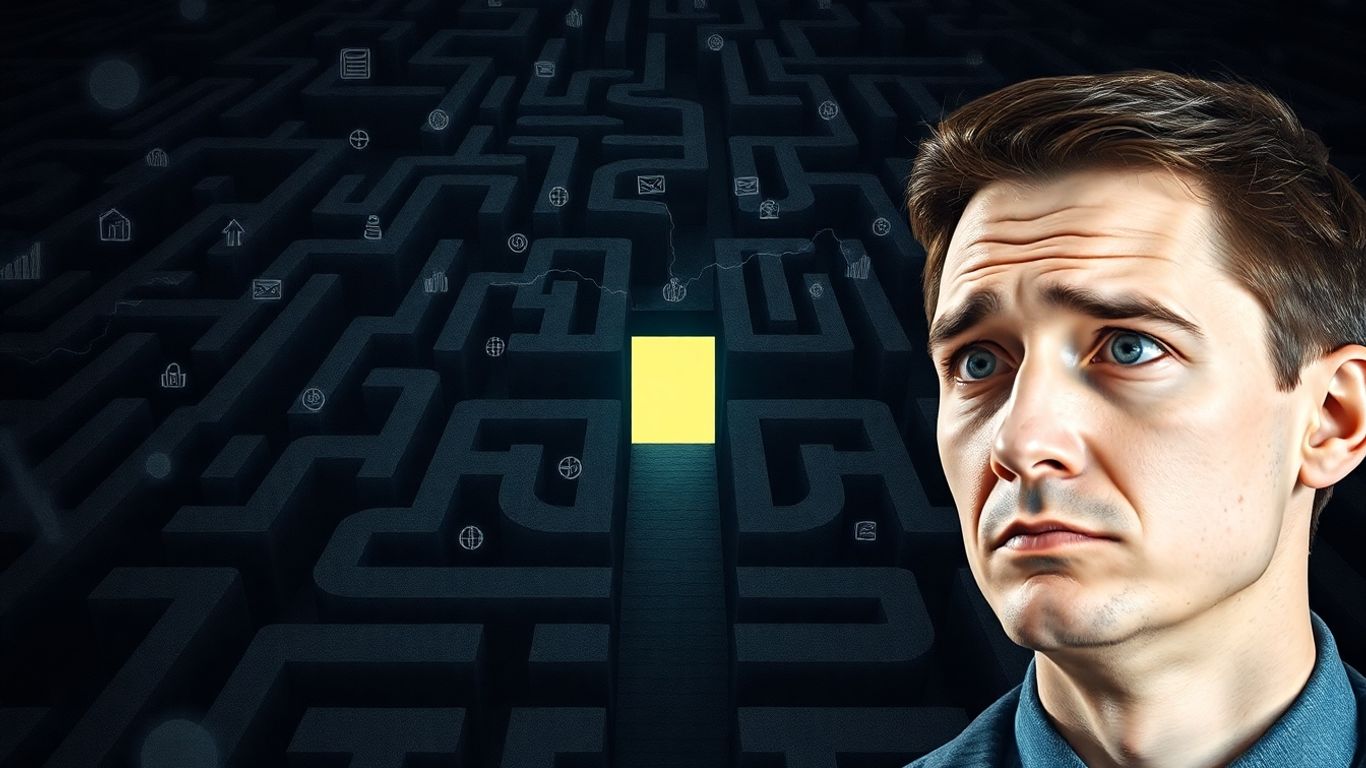 Confused investor navigating a complex financial maze.