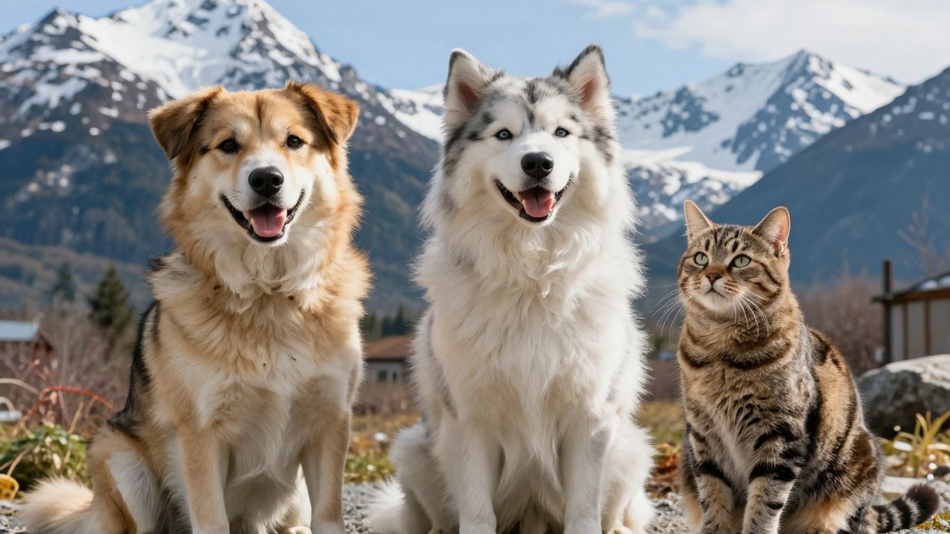 Dog and cat in Alaskan landscape.