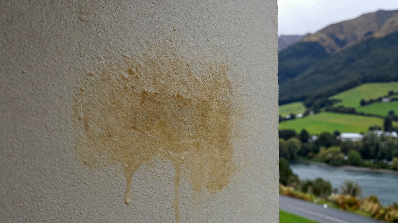 Damp wall patch with water stains, New Zealand backdrop.