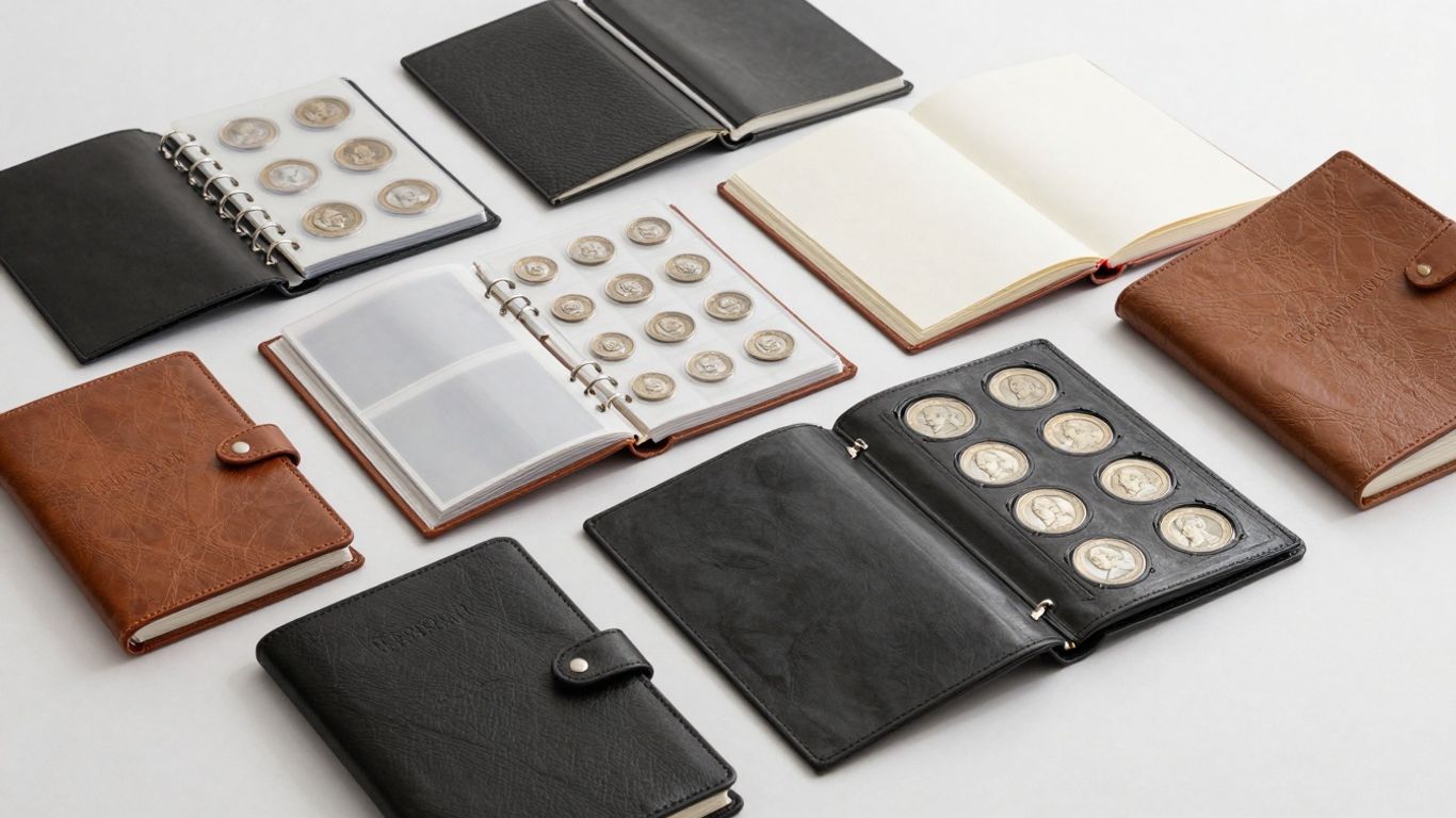 Various coin albums with different covers and pages.