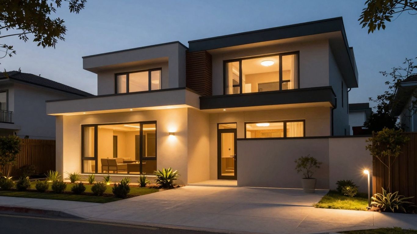 Modern home exterior lit up at dusk.