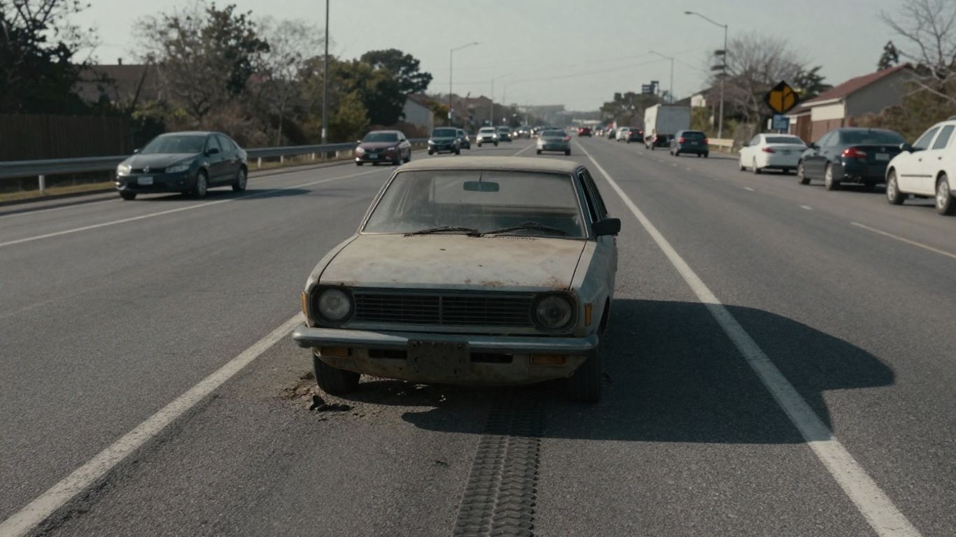 Abandoned car on highway shoulder with passing traffic.