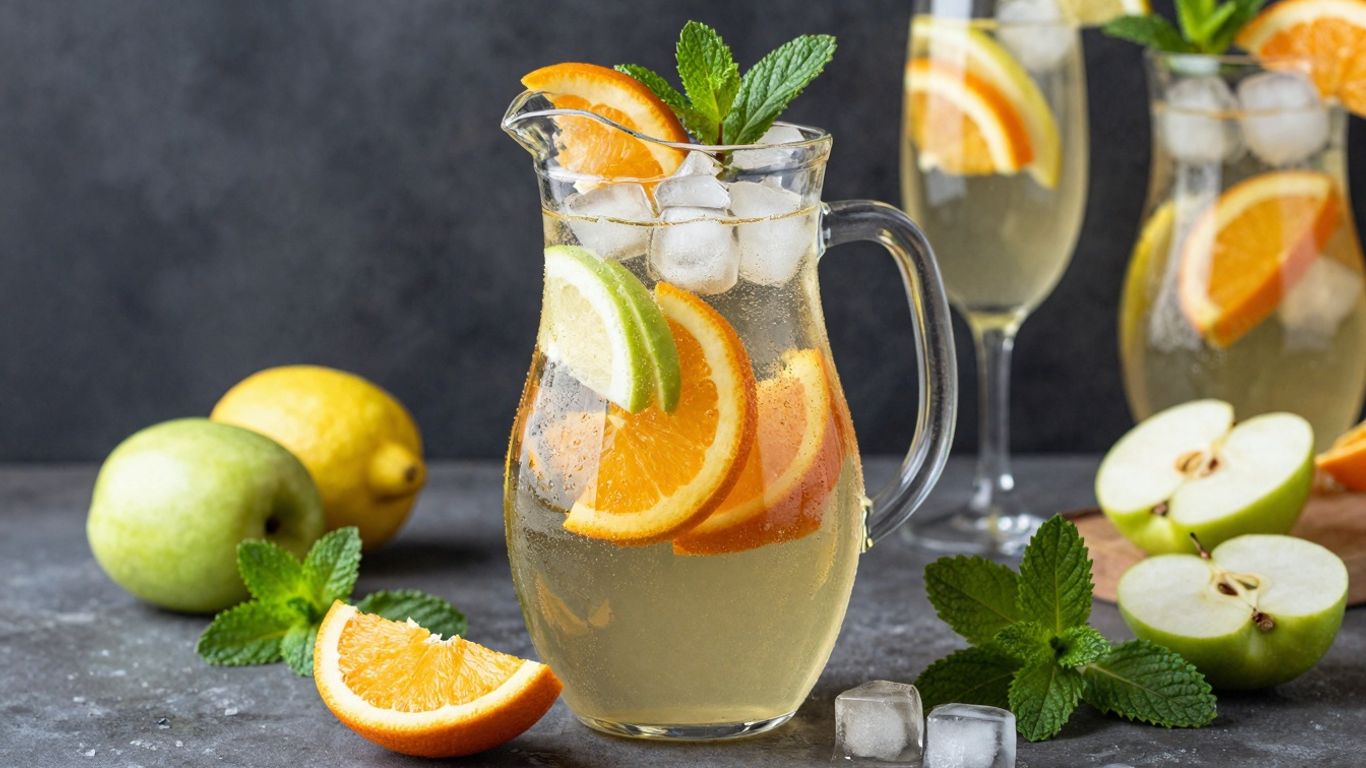 Chardonnay sangria pitcher with fruit and ice.