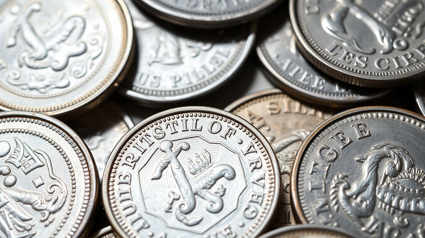 Close-up of valuable silver coins with intricate designs.