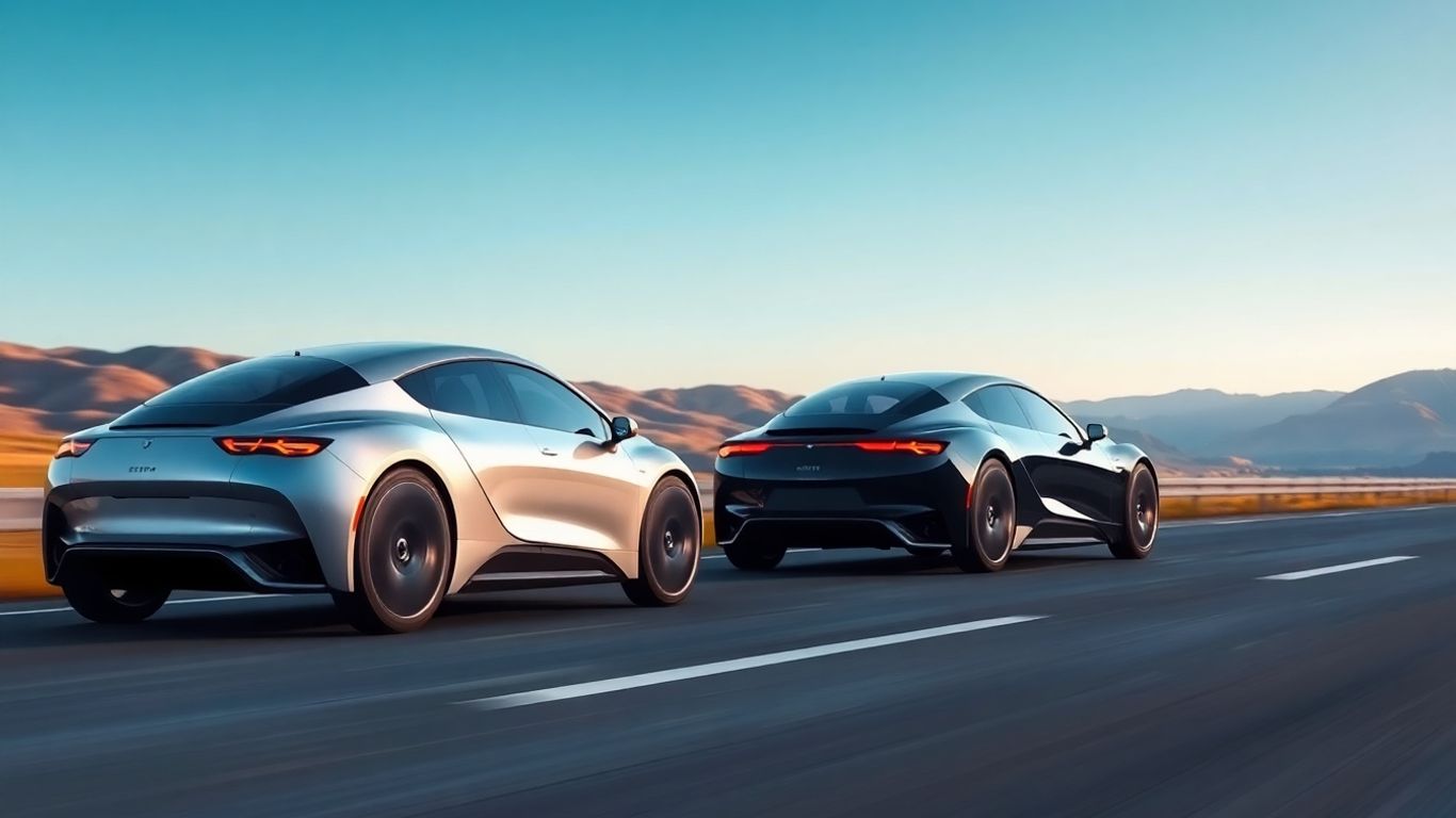 Electric cars driving on a highway, exceeding 600km range.