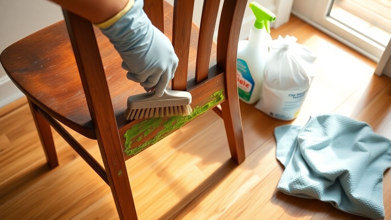 Cleaning mold off wood furniture with gloves and brush