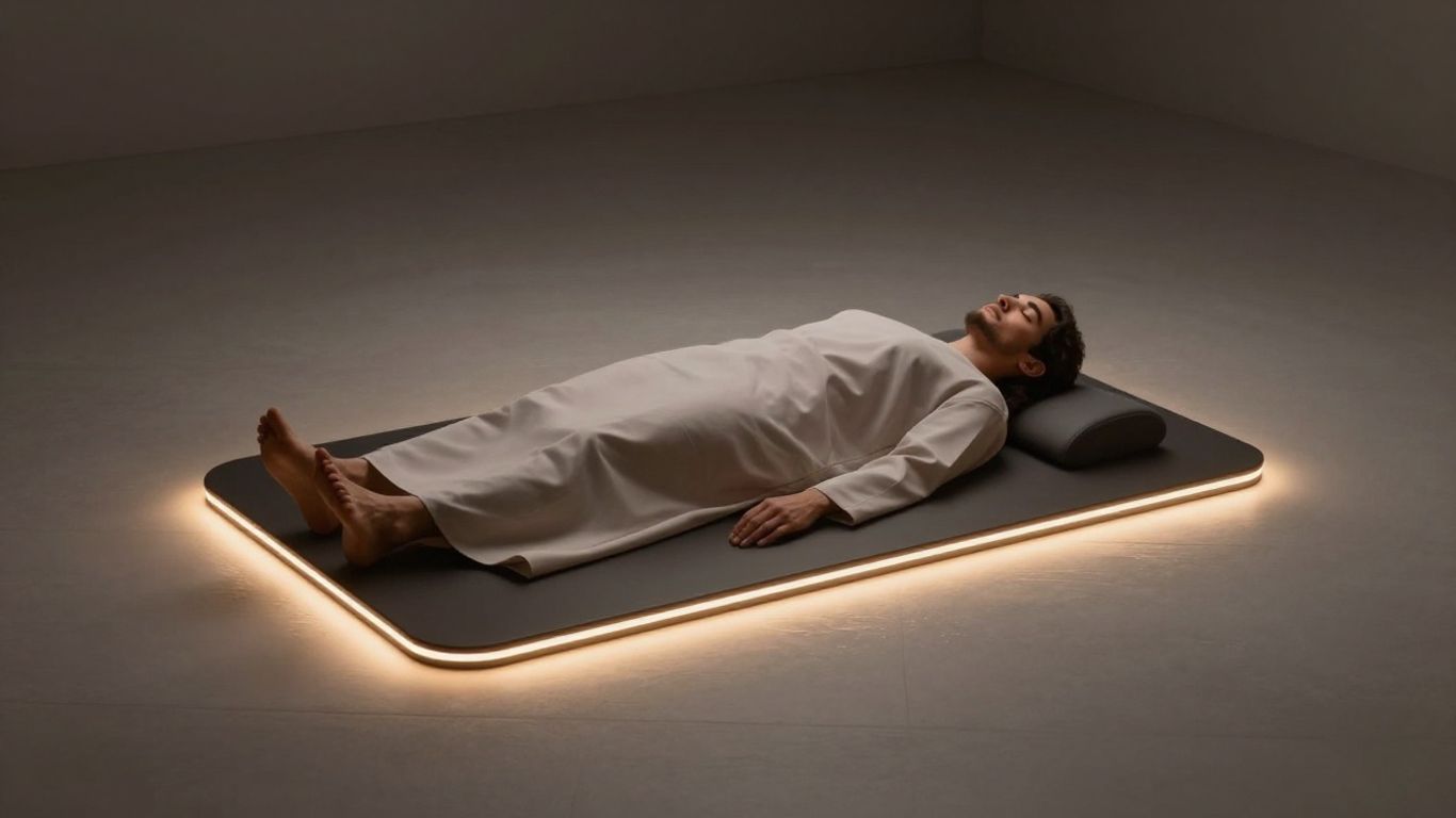 Person relaxing on a glowing PEMF mat.