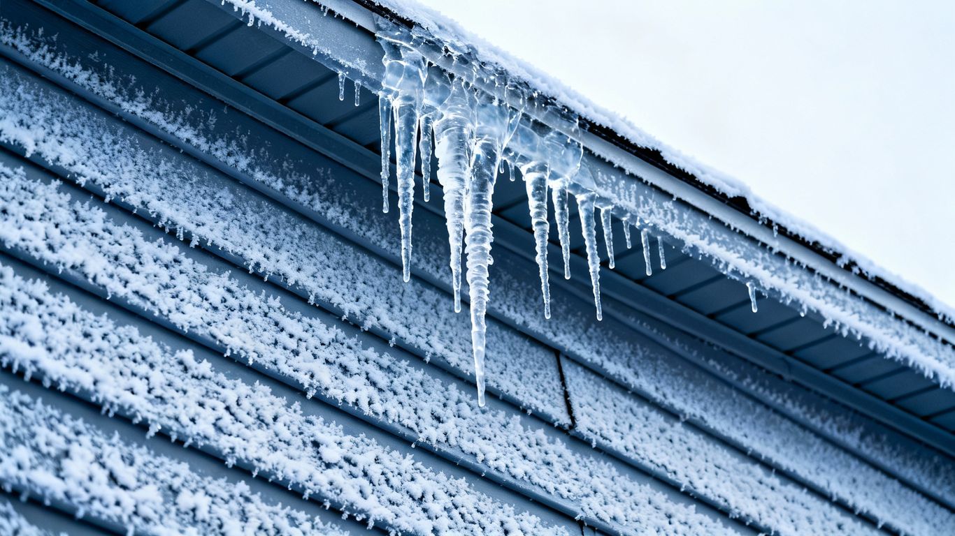 House roof and siding with icicles and frost.