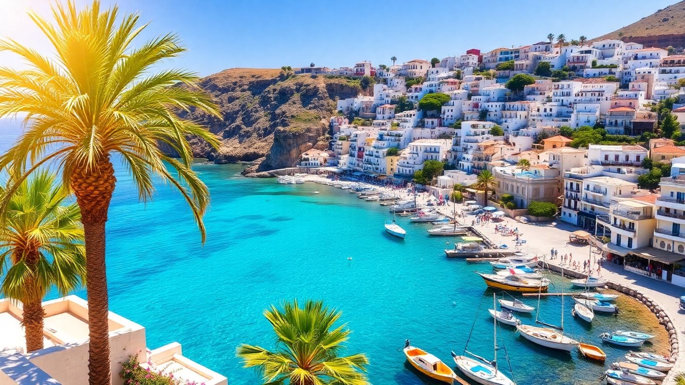 Sunny Spanish coast with whitewashed buildings and blue sea.