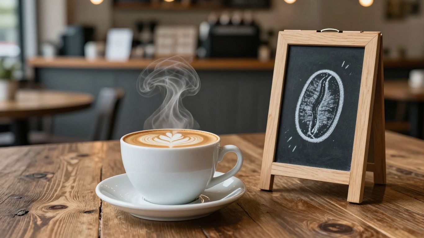 Artisanal coffee cup on a wooden table.