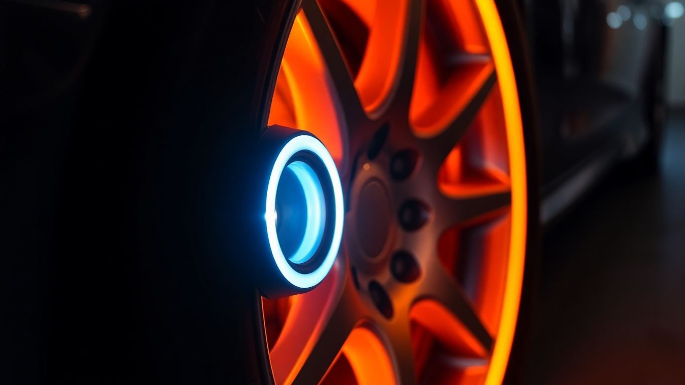 Car tire with a glowing cap at night.