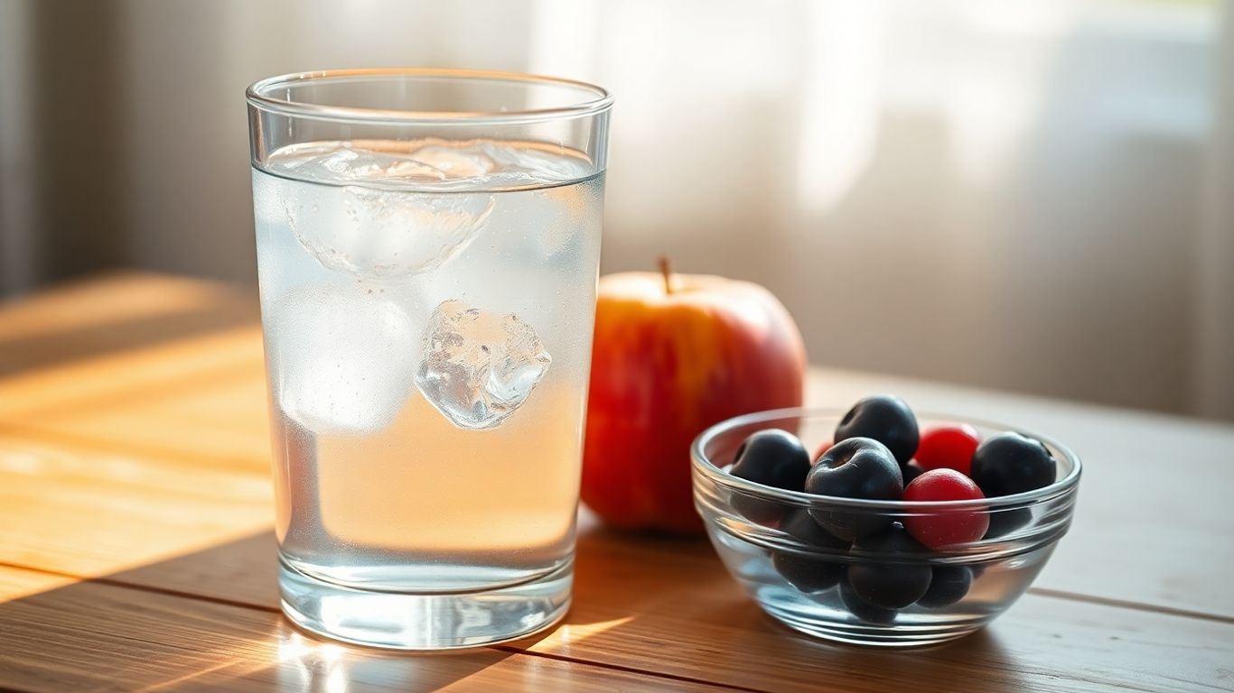 Glass of water with fruit, promoting hydration.