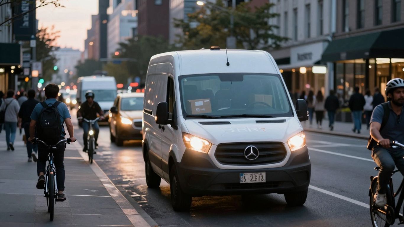 Delivery van in a busy city street at dusk.