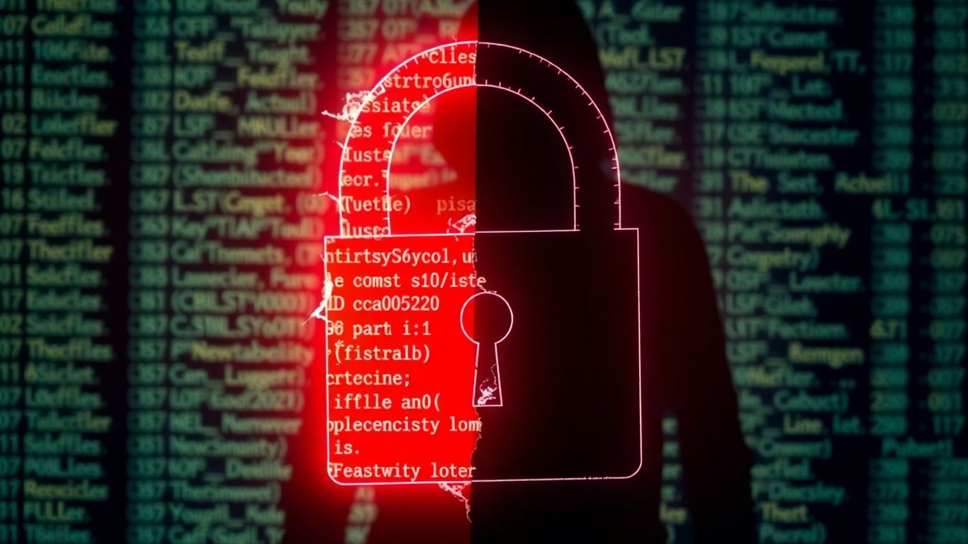 Cracked padlock with code, shadowy figure, distorted people silhouettes.