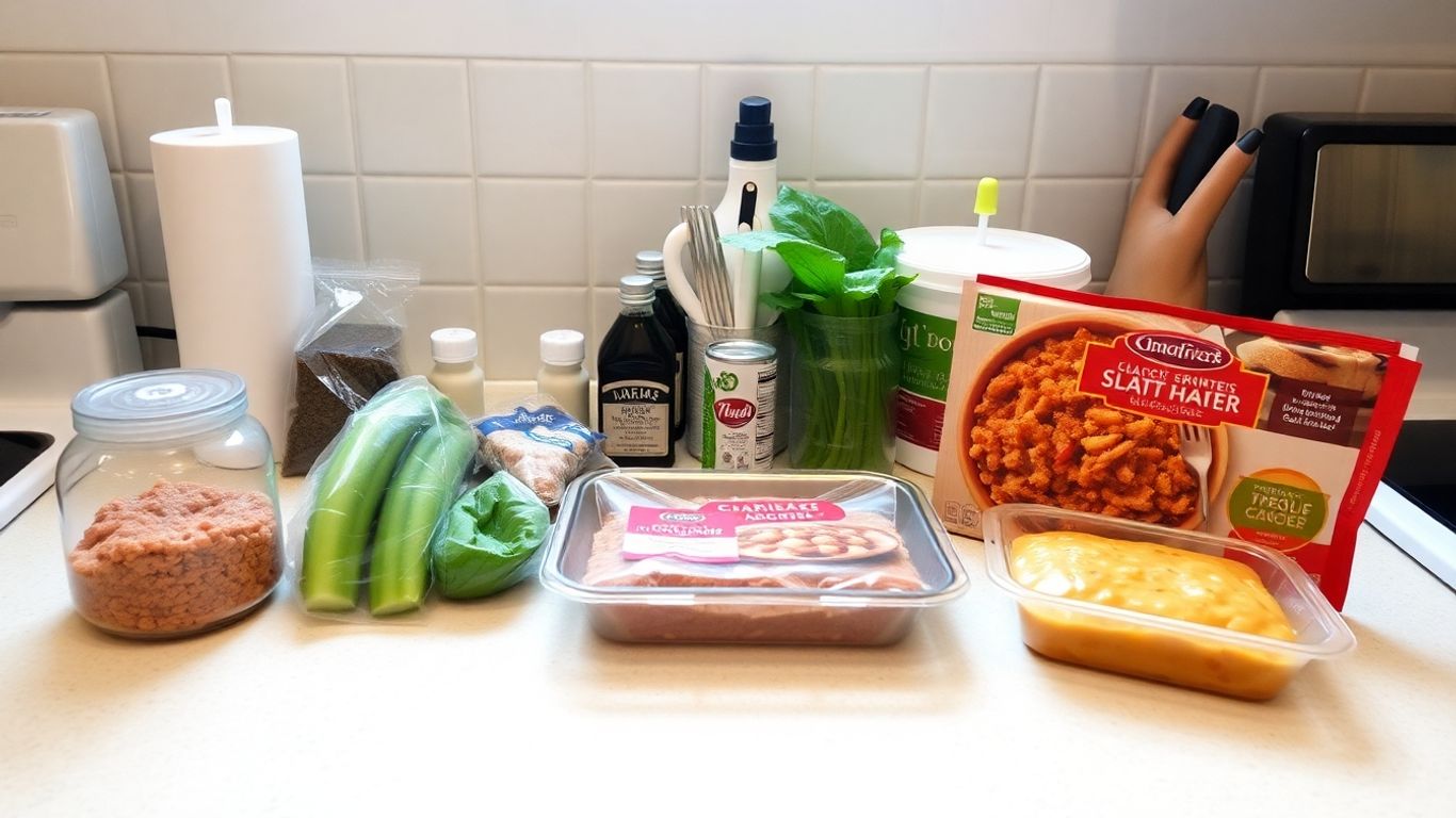 Quick frozen meal and simple ingredients on a counter.