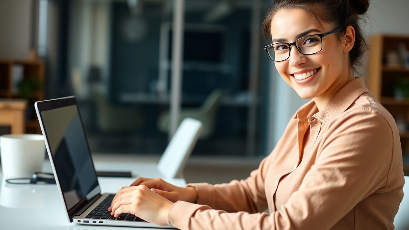 Pessoa feliz usando computador para pedir NISS online.