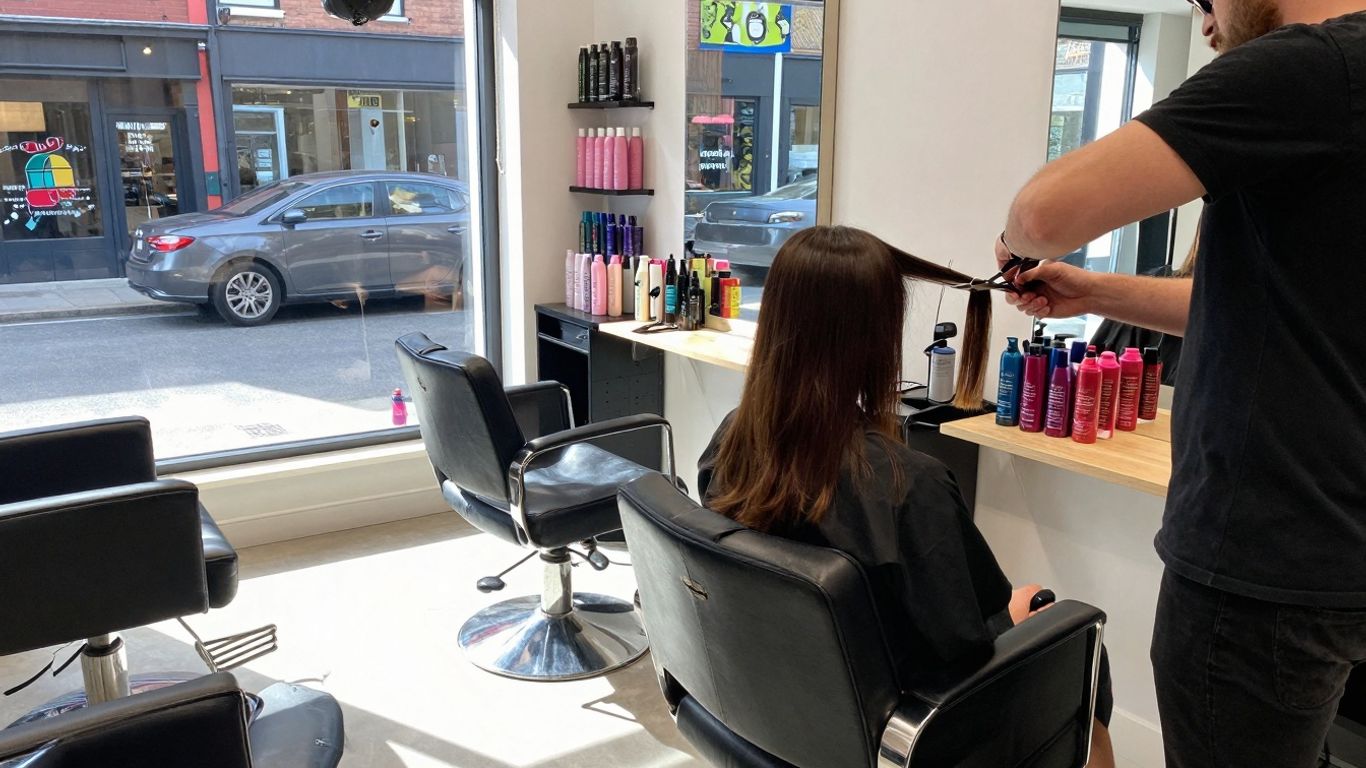 Stylish Irish hair salon interior with sunlight and tools.