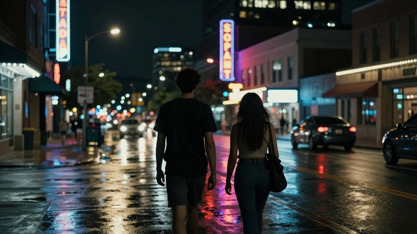 Austin skyline at night with two figures walking apart.