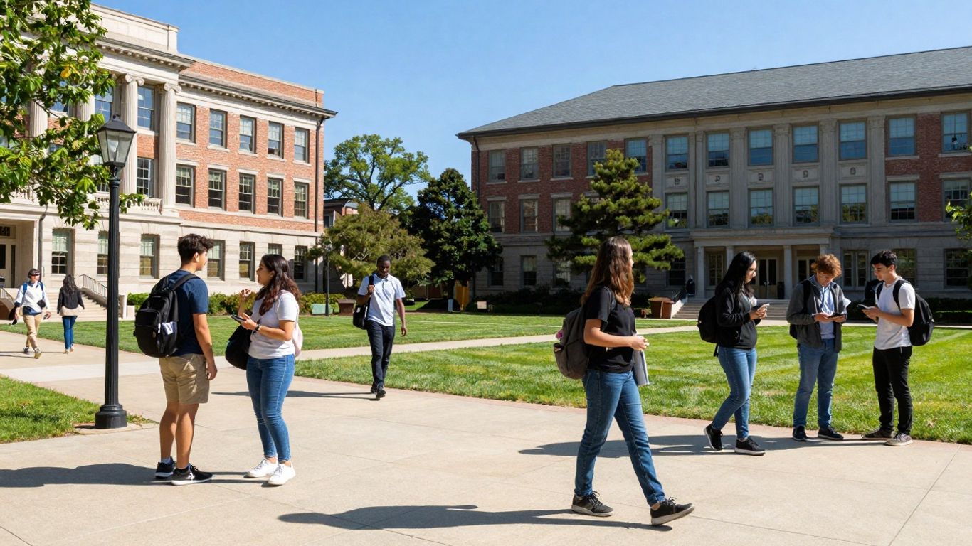 Stevens Institute of Technology campus with students and buildings.