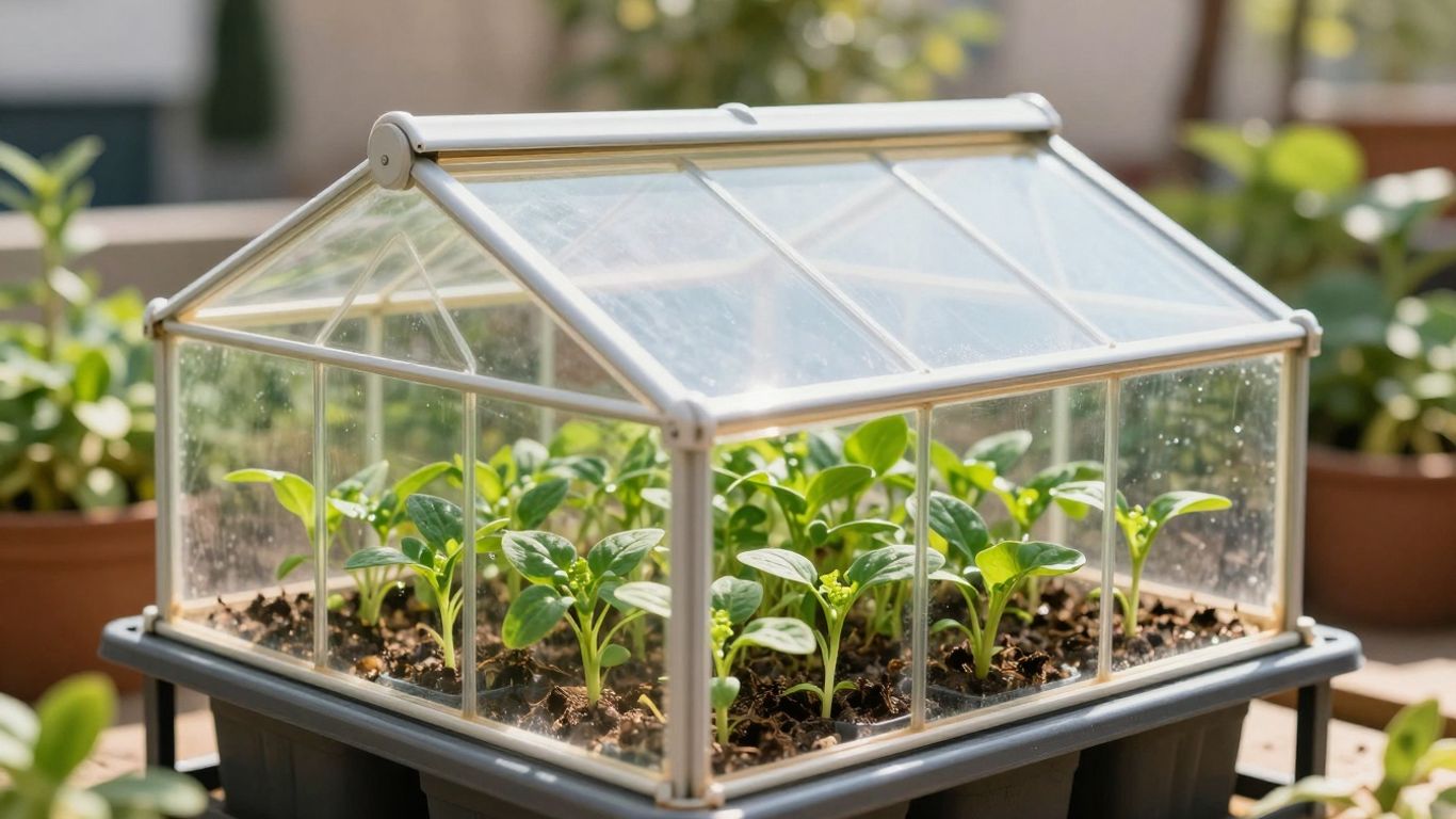 Frühbeet mit jungen Pflanzen im Sonnenlicht