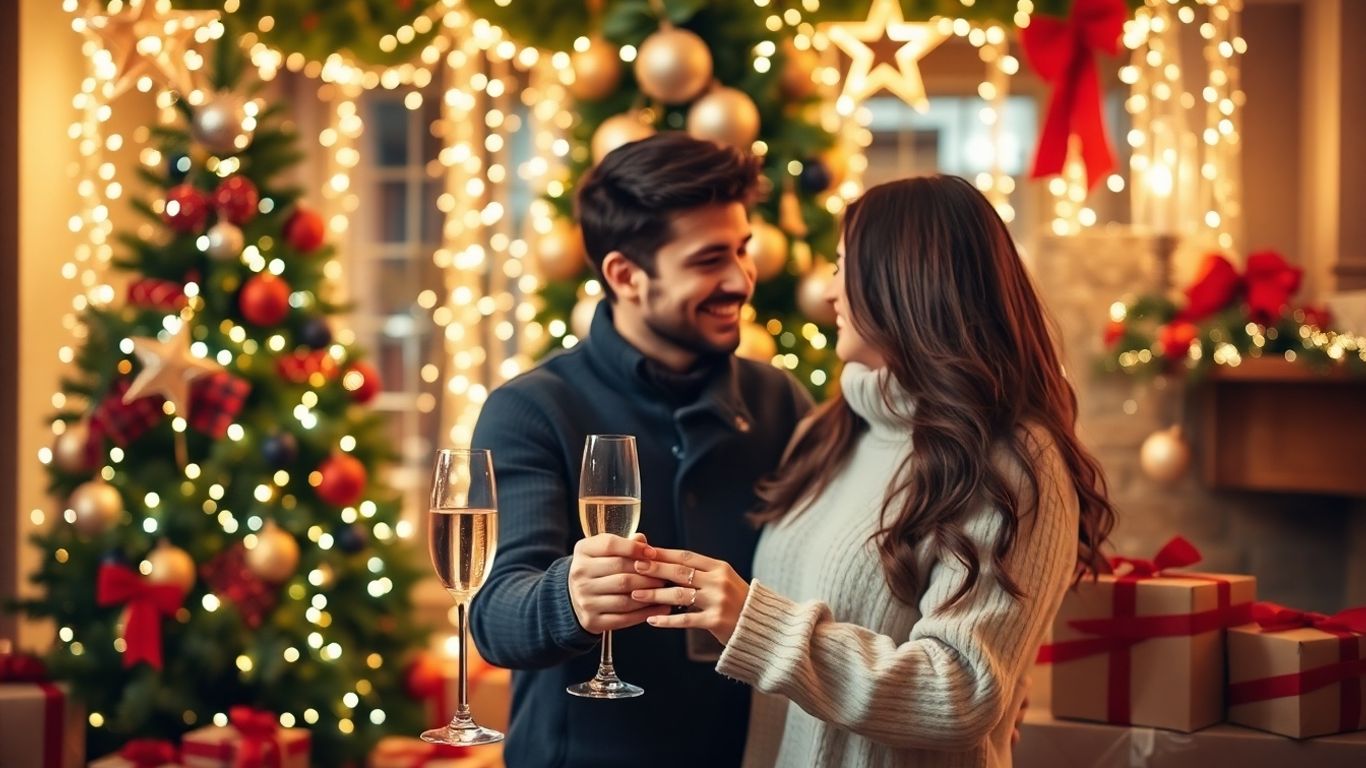 Couple celebrating a holiday engagement with rings and gifts.
