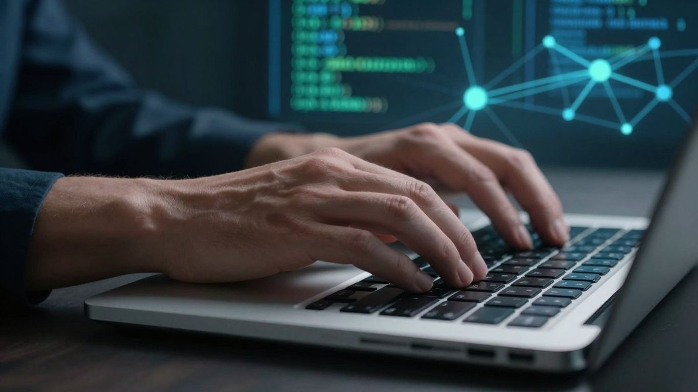 Hands typing on a laptop with digital code background.